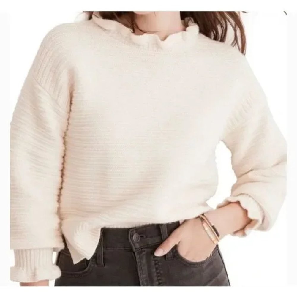 Madewell Ruffle-Neck Pullover Sweater in Cotton-Merino Yarn
